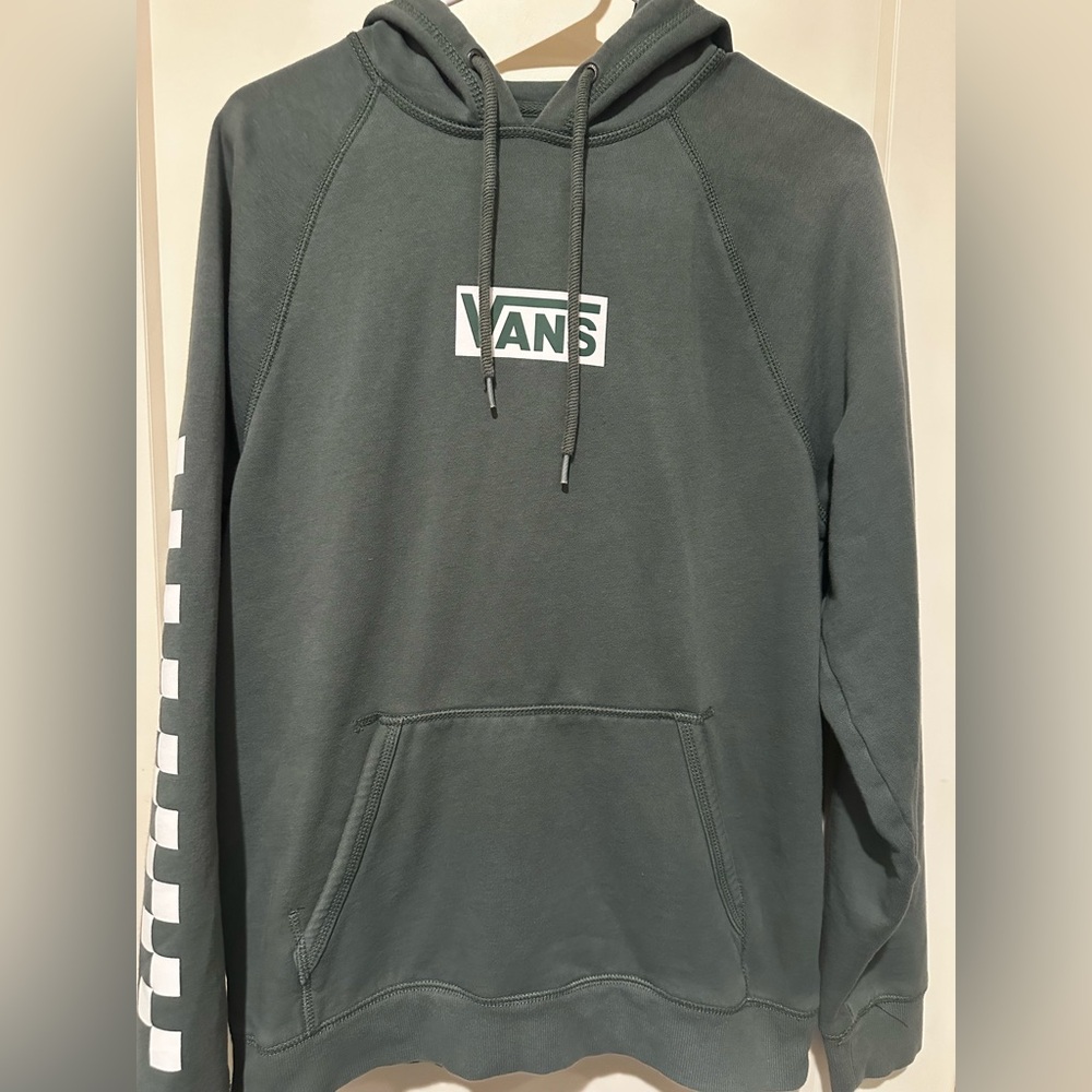 Vans Green Pullover Hoodie with White Logo & Sleeve Checker
